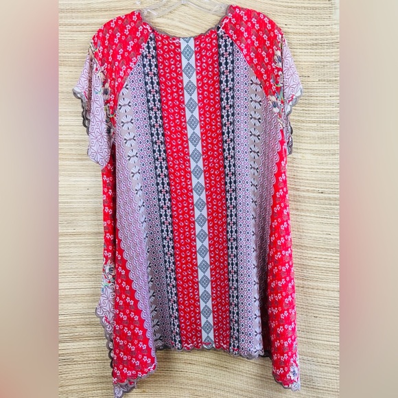 Johnny Was Embroidered Floral Print Boho Tunic Top – 100% Rayon Red & Gray Sz L - Picture 8 of 13